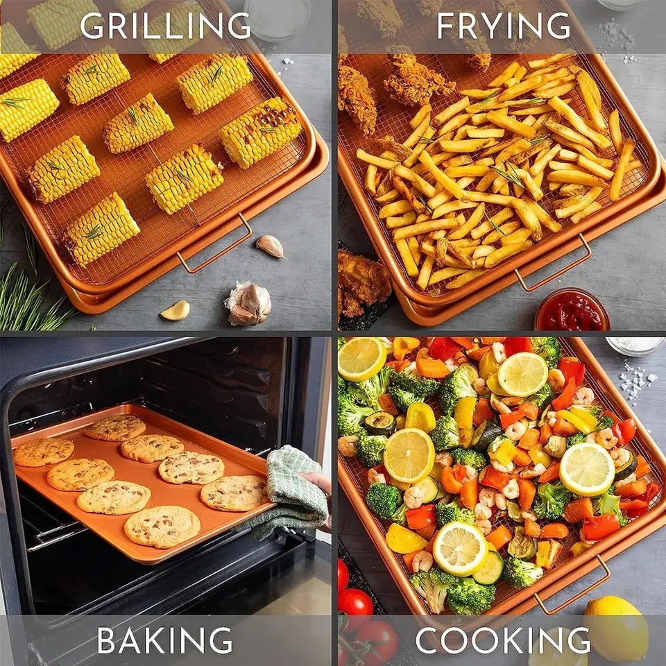Set Of 2 Pcs Air Fryer Tray, Double Non Stick Crisper Tray, Multifunction Roasting Frying Basket, Heat Resistance Oven Grill Pan Basket, Cooling Grill Pan Plate With Handles Set Of 2 Pcs Air Fryer Tray, Double Non Stick Crisper Tray, Multifunction Roasting Frying Basket, Heat Resistance Oven Grill Pan Basket, Cooling Grill Pan Plate With Handles